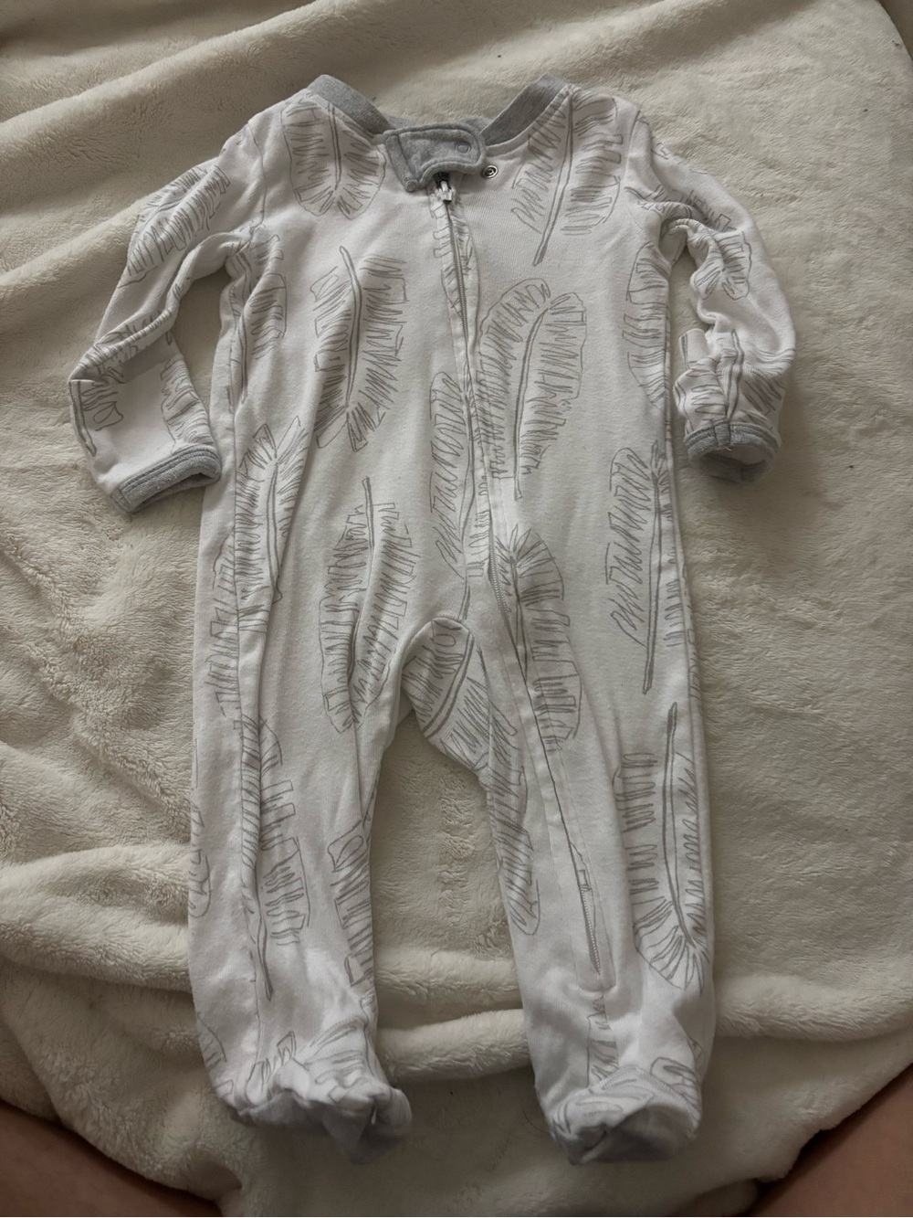 White Feather-Print Footed One-Piece